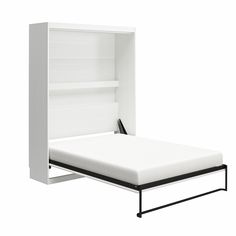 a white bed with a black frame and headboard on it's side, in front of a white background