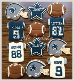 football cookies decorated with royal icing and fondant