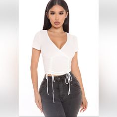 New With Tags- Very Flattering! Chic White Top With Drawstring, Instagram Model Outfits, Off White Fashion, Women Bodycon Dress, Top Shirt Women, Tops Fashion, Fashion Nova Dress, Knit Tops, Womens Loungewear