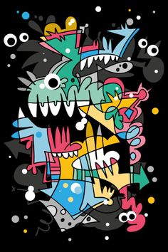 an abstract painting with lots of different colored shapes and sizes on black background stock photo