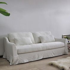 a white couch sitting on top of a wooden floor next to a potted plant