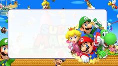 an image of mario and friends in front of a white sign with space for text