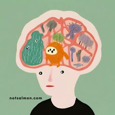 a man with his head in the shape of a brain and other things inside it