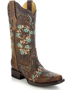 Western Leather Embellished Boots, Western Style Embellished Leather Boots, Embellished Brown Round Toe Boots, Brown Embellished Round Toe Boots, Embellished Brown Leather Boots, Brown Leather Embellished Boots, Western Embellished Snip Toe Boots, Cowgirl Boots Square Toe, Mode Country