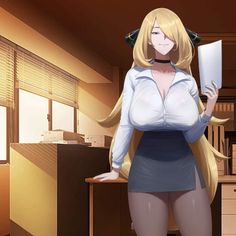 a woman with long blonde hair standing in front of a desk holding a piece of paper