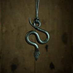 a metal snake hanging from a chain on a wooden surface with dark lighting behind it