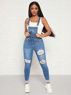 Light Wash Casual Collar Sleeveless Woven Fabric Plain Overall Embellished Medium Stretch Spring/Summer/Fall Women Clothing Shein Overalls, Denim Jumpsuits For Women, Stylish Jeans Outfit, Ripped Denim Overalls, Dungaree Outfit, Jumpsuit Denim, Denim Jumpsuits, Overalls Outfit