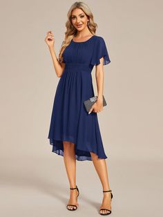 Flowy Chiffon Round Neckline A-Line Knee Length Wedding Guest Dress #color_Navy Blue Cute Knee Length Dresses, Navy Blue Dresses, Chiffon Fabric, Home Wedding, British Indian, Wedding Guest, Guest Dresses, Special Occasion Dresses, Bride Dress