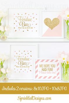 three cards with gold foil on them and some flowers in vases next to them