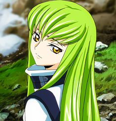 an anime character with long green hair and yellow eyes looking at something in the distance