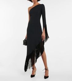 Aventador fringed one-shoulder midi dress Taller Marmo, One Shoulder Midi Dress, Midi Dress Style, Cheetah Print Dress, Black Suede Pumps, Oversized Dress, Dress Home, Green Midi Dress, Halterneck Dress