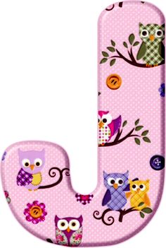 the letter j is decorated with owls on pink polka dot fabric and has an owl design