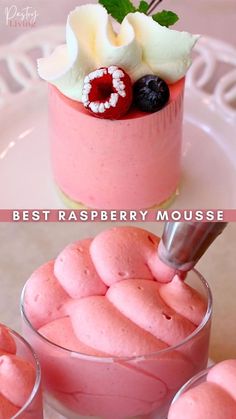 a small raspberry mousse cake on a plate and piping the mousse in a glass cup Raspberry Mousse Recipe, Mousse Recipes Easy, Cake Filling Recipes, Raspberry Desserts, Raspberry Mousse, Mousse Dessert, Raspberry Recipes, Mousse Recipes, Fancy Desserts