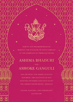 a pink and gold wedding card with an intricate design on the front, featuring a golden border