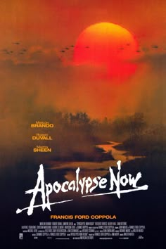 the movie poster for apocalypse now with an orange sun in the background and black clouds