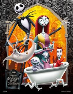 the nightmare before christmas movie poster with jack skellingy and his family in bathtub