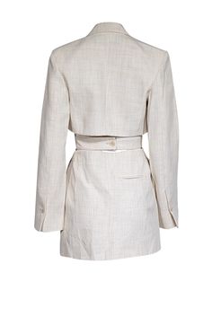 Indulge in some chic and sexy style with this Jacquemus beige cream blend cut out blazer dress. Made with an oat cream beige blend and featuring a cut out back with back belted detail, this dress is perfect for those looking for a timeless tailored look. Style it with a pointed toe nude heel and rock the fashion game. Size 4 (FR 36) Shell 60% Linen, 26% Viscose, 14% Polyester Lining 67% Acetate, 33% Polyester Pocket lining 65% Polyester, 35% Cotton Button front closure Notch collar One slip bust Oat Cream, Notch Collar, Out Back, Nude Heels, Cream Beige, Blazer Dress, The Fashion, Fashion Games