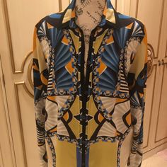 Etro Button Down Blouse Geometrical Shaped Pattern Beautiful 100% Silk Size 48 (Us 12) ** Slight Stretching On Sleeves, Barely Visible. Close Up Shown In Last Photo Button Down Blouse, Blue Orange, Stretching, Button Downs, Close Up, Size 12, Top Blouse, Blue Color, Womens Tops