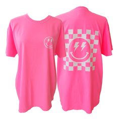 neon pink smiley face checkerboard lightning bolt t-shirt Trendy Neon Short Sleeve Tops, Neon T-shirt With Graphic Print For Summer, Neon Summer T-shirt With Graphic Print, Neon Graphic Print T-shirt For Summer, 90s Inspired Pink T-shirt For Spring, Casual Neon Graphic Print T-shirt, Pink Cotton T-shirt With Smiley Face, Casual Neon T-shirt With Graphic Print, Pink Smiley Face Graphic Tee