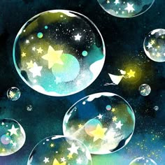 soap bubbles floating in the air with stars on them