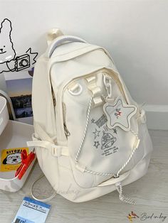 Bird in Bag - Embroidered Classic Backpack, Medium Size White Embroidered School Bag, Embroidered Bag, Classic Backpack, Bird In Bag, Nylon Bag, Medium Size, Color White, Composition, Backpacks