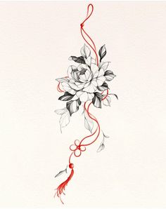 a drawing of flowers on a white paper with red ribbon around the stems and leaves