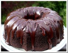 a bundt cake with chocolate icing on a plate