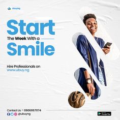 a woman is smiling while looking at her cell phone with the words start the week with a smile