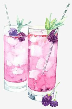 two glasses filled with ice and berries on top of each other next to purple flowers