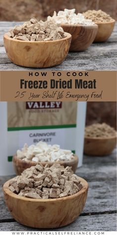 three wooden bowls filled with cereal next to a carton of freeze dried meat on a picnic table