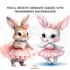 two rabbits dressed in pink tutu skirts, one is wearing a dress and the other has