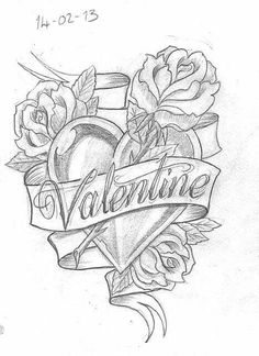 a drawing of a heart with roses and the word valentine on it's side