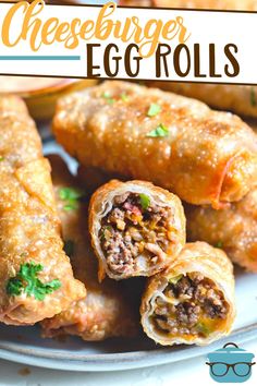 an egg roll on a plate with the words cheeseburger egg rolls