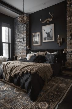 a large bed sitting in a bedroom on top of a rug next to a window