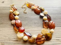 One of a kind! Beautiful styles of brown and gold acrylic beads on a chunky beaded necklace.  16 Inch Necklace with a 4 inch gold extender chain and gold lobster clasp. Thank you for supporting American small business! 100% handmade. *Smoke and pet free home!* Hate to wait? Me too! I ship 6 days a week. Thank you for browsing my store! Check out my other items here: https://www.etsy.com/shop/PolkaDotDrawer?ref=si_shop Luxury Brown Oval Beaded Necklace, Gold Chunky Necklace, Brown Beaded Necklace, 16 Inch Necklace, Jewelry Resin, Resin Beads, Chunky Necklace, Bead Jewelry, Brown Butter