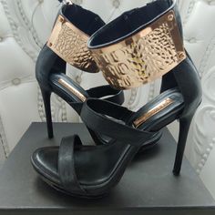 Great Condition, Sexy Black Leather And Gold Metal Ankle Strap Platform Sandals. Size 8m, 5" Heel. Platform Sandals, Leather Sandals, Shoes Women Heels, Ankle Strap, Gold Metal, Shoes Heels, Black Leather, Women Shoes, Sandals