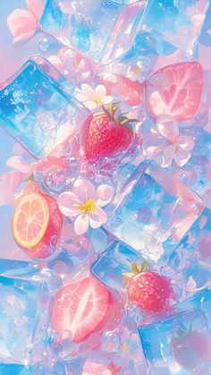 some ice cubes with strawberries and orange slices on them in the middle, surrounded by flowers