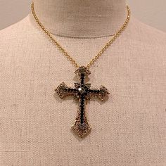 Beautiful Black Jewel Encrusted Cross On Gold Chain Which You Can Adjust The Length Condition New W Tags Womens Necklace Black Jewelry With Rhinestones As A Gift, Black Bling Jewelry For Gifts, Black Metal Necklace With Rhinestones, Black Costume Jewelry With Rhinestones, Black Rhinestone Costume Jewelry Necklace, Black Costume Jewelry Necklace With Jewels, Black Rhinestone Costume Jewelry, Black Cross Pendant Chain Necklace, Black Cross Pendant Clavicle Chain Jewelry