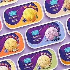 several ice creams with different flavors are displayed on a purple and orange background,