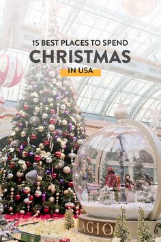 a christmas tree in a glass ball with the words 15 best places to spend christmas in usa