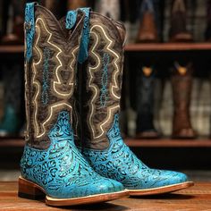 Women's turquoise cowboy boots floral print Caiman Boots, Turquoise Cowboy Boots, Vetements Shirt, Square Toe Leather Boots, Multicolor Embroidery, Ostrich Legs, Turquoise Top, Ostrich Boots, Snakeskin Boots