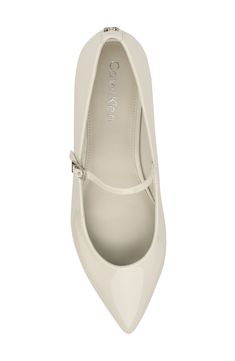 This patent mary jane–style flat featuring a pointed toe is finished with subtle logo hardware at the heel. Adjustable strap with buckle closure Synthetic upper, lining and sole Imported White Pointed Toe Mary Janes With Buckle Closure, Classic Calvin Klein Round Toe Heels, Classic Mary Janes With Buckle Closure And Pointed Toe, Pointed Toe Flats, Nordstrom Store, Anniversary Sale, Fashion Flats, Womens Flats, Mary Janes