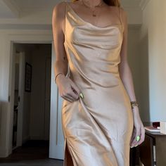 -Nwt -Champagne Color -Asymmetrical Top -Mid Calf Length -Side Slit - Great For A Wedding! Champagne Silk Dress, Champagne Midi Dress, Gold Silk Dress, Dresses Princess Polly, Dresses Princess, Princess Polly Dresses, Polly Dress, Gold Silk, Asymmetrical Tops