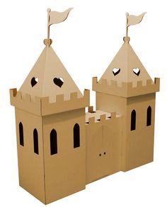 two cardboard castle like structures with flags on top