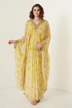 Buy Blue Crepe Printed And Embroidered Tropical V Neck Sunshine Kaftan & Pant Set For Women by Rishi & Vibhuti Online at Aza Fashions. Tie Dye Kaftan, Short Kaftan, Tie Dye Women, Yellow Tie, Tiered Ruffle Skirt, Sequin Shirt, Draped Skirt, Yellow Ties