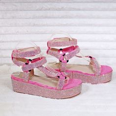 New In Box Sooo Comfy Adjustable Hook & Loop Closures Soft 2" Platform Base Iridescent (Multi Color Sparkles} Rhinestones That Sparkle Picture Just Dont Do Them Justice Pink Flat Sandals With Rhinestones, Trendy Pink Sandals With Rhinestones, Pink Rhinestone Round Toe Sandals, Lace Up Wedge Sandals, Yellow Wedges, Leopard Print Wedges, Brown Leather Wedges, Ankle Wrap Sandals, Rhinestone Sandals