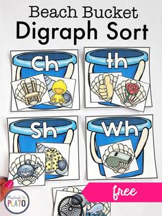 the beach bucket digram sort is shown with four pictures and one word to read