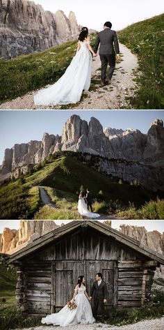 the bride and groom are walking up to their rustic cabin in the mountains at sunset