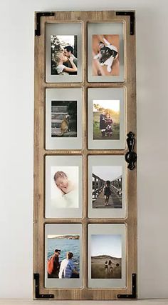 a wooden frame with multiple pictures hanging on the front and back of it's sides