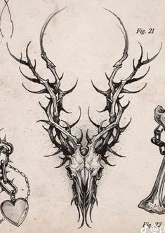 an ink drawing of some deer's head with horns and chains on it,